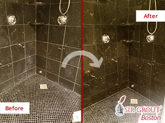 Before and after Picture of This Tile Cleaning Job Done by Our Professional in Charlestown, MA, That Removed All the Soap Scum from This Bathrooms
