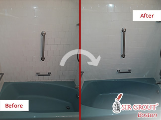 Before and after Picture of a Grout Sealing Job with Amazing Results on This Ceramic Tile Shower in Boston, MA