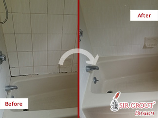 Before and after Picture of This Bathroom in Burlington, Massachusetts after a Grout Caulking Service