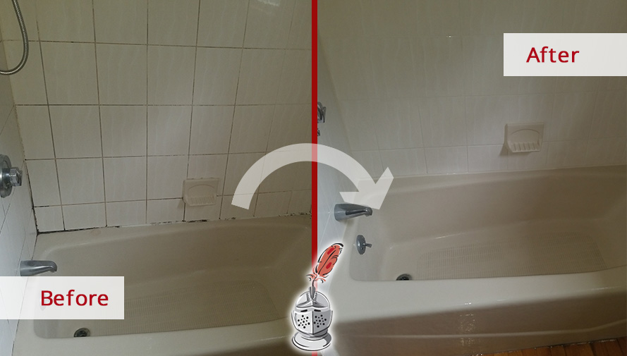 Before and after Picture of This Bathroom in Burlington, Massachusetts after a Grout Caulking Service