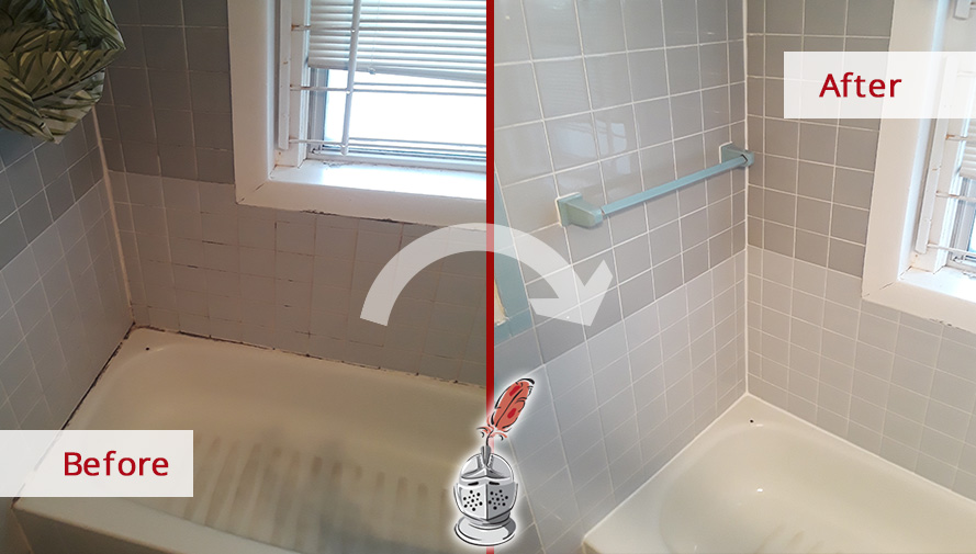 Before and after Picture of a Grout Caulking Service in Brookline Village, MA