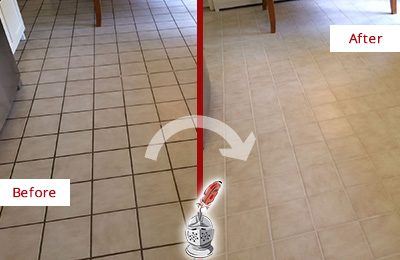 Before and After Picture of Restoration of a Tile Floor with Dark Grout