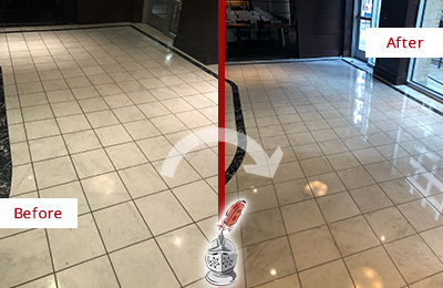 Sir Grout of Greater Boston Stone Services Help Maintain, Clean, and Polish Building Lobbies and Commercial Offices Stone Surfaces Picture of a Building Marble Entrance Floor Before and After Stone Restoration, Cleaning and Polishing