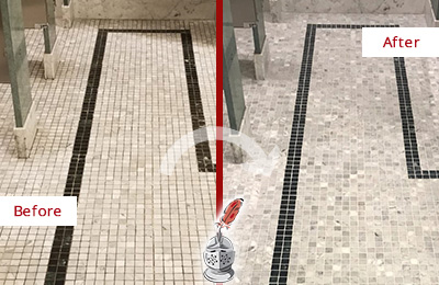 Sir Grout of Greater Boston Stone Cleaning Services Can Help Repair the Look of this Grimy Hospital's Restroom Before and After Picture of a Hospital Travertine Bathroom Floor Stone Cleaning Service