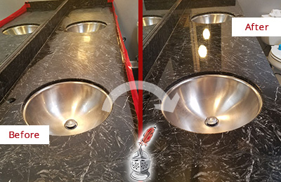Sir Grout of Greater Boston Stone Services Are Ideal for Enhancing Restrooms Marble Countertops and Keep Them Perfect All Year Round Picture of an Office Restroom's Marble Countertop Before and After Color Enhancement and Restoration