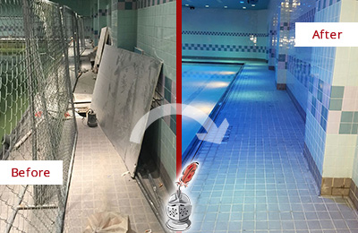 Sir Grout of Greater Boston Cleans and Seals this Gym Tile Pool Deck to Repair Damage Before and After Picture of a Gym Tile Pool Deck Cleaned and Sealed to Repair Damage