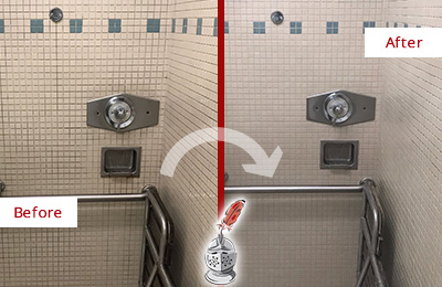 Sir Grout of Greater Boston Restores, Cleans and Seals this Grimy Hospital Shower to Remove Mold and Dirt Before and After Picture of a Grimy Hospital Shower Restored, Cleaned and Sealed to Remove Mold and Dirt