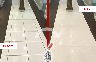 Sir Grout of Greater Boston Restores, Cleans and Seals this Medical Center Floor to Remove Stains Before and After Picture of a Medical Center Floor Restored, Cleaned and Sealed to Remove Stains