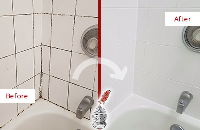 Sir Grout Cleans this Revere Shower Tile and Grout to Eliminate Mold Before and After Picture of a Revere Shower Tile and Grout Cleaned to Eliminate Mold