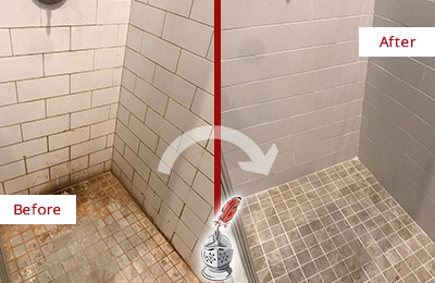 Before and After Picture of a East Boston Shower Tile and Grout Cleaned to Eliminate Mold and Stains