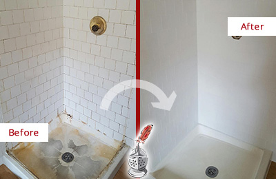Sir Grout Cleans this Revere Shower Tile and Grout to Remove Soap Scum Before and After Picture of a Revere Shower Tile and Grout Cleaned to Remove Soap Scum