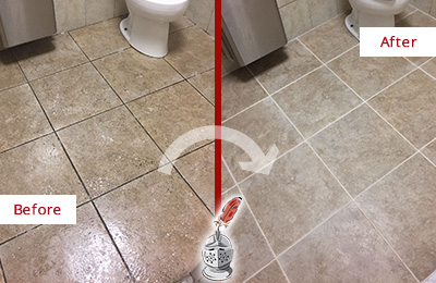 Sir Grout Cleans this Revere Restroom Tile and Grout to Remove Soil Before and After Picture of a Revere Restroom Tile and Grout Cleaned to Remove Soil