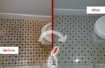 Sir Grout Cleans this Revere Bathroom Tile and Grout Cleaned to Remove Stains Before and After Picture of a Revere Bathroom Tile and Grout Cleaned to Remove Stains