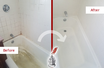 Before and After Picture of a Chestnut Hill Bathtub Caulked to Repair Cracks