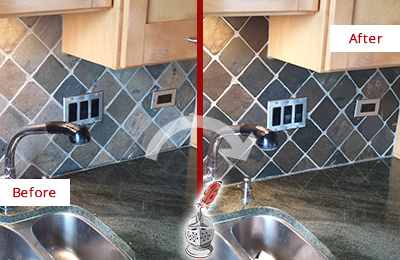 Sir Grout Caulks this Maynard Backsplash Caulked to Fix and Prevent Water Leaks Before and After Picture of a Maynard Backsplash Caulked to Fix and Prevent Water Leaks