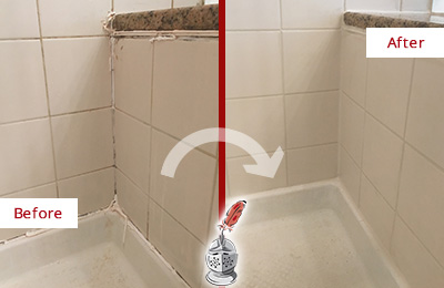 Sir Grout Caulks this Maynard Shower Caulked to Repair Damaged Caulking Before and After Picture of a Maynard Shower Caulked to Repair Damaged Caulking