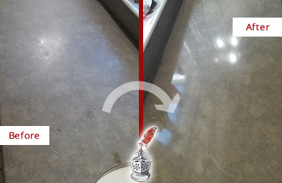 Before and After Picture of a Dull Lynnfield Limestone Countertop Polished to Recover Its Color