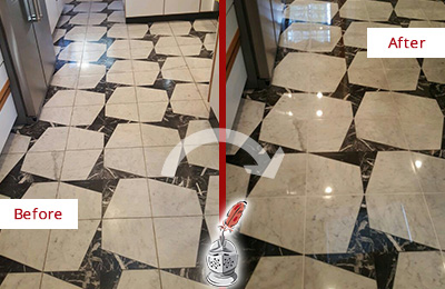 Sir Grout Polishes this Dull Lynnfield Marble Stone Floor To Recover Its Luster Before and After Picture of a Dull Lynnfield Marble Stone Floor Polished To Recover Its Luster