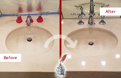 Sir Grout Polishes this Dull Lynnfield Marble Stone Vanity Top to Bring-Back Its Sheen Before and After Picture of a Dull Lynnfield Marble Stone Vanity Top Polished to Bring-Back Its Sheen