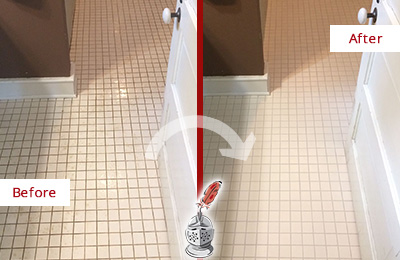Before and After Picture of a Newton Highlands Bathroom Floor Sealed to Protect Against Liquids and Foot Traffic