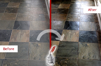 Sir Grout Seals this Dull Sherborn Slate Floor to Bring Back Its Colors Before and After Picture of a Dull Sherborn Slate Floor Sealed to Bring Back Its Colors