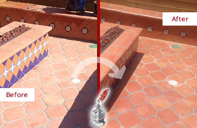 Sir Grout Seals this Dull Sherborn Terracotta Patio Floor For UV Protection Before and After Picture of a Dull Sherborn Terracotta Patio Floor Sealed For UV Protection