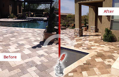 Sir Grout Seals this Faded Sherborn Travertine Pool Deck For Extra Protection Before and After Picture of a Faded Sherborn Travertine Pool Deck Sealed For Extra Protection