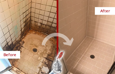 Sir Grout Seals this Sherborn Shower to Fix and Prevent Water Damage Before and After Picture of a Sherborn Shower Sealed to Fix and Prevent Water Damage