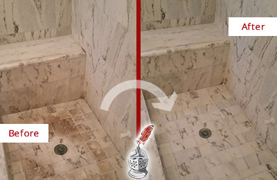 Sir Grout Cleans this Dirty Quincy Marble Shower to Eliminate Dark Stains Before and After Picture of a Dirty Quincy Marble Shower Cleaned to Eliminate Dark Stains