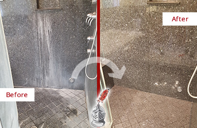 Sir Grout Cleans this Quincy Granite Shower to Remove Mineral Deposits Before and After Picture of a Quincy Granite Shower Cleaned to Remove Mineral Deposits