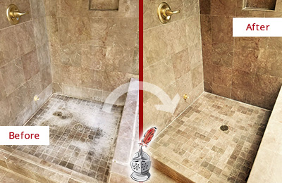 Sir Grout Cleans this Quincy Travertine Shower to Eliminate Water Spots Before and After Picture of a Quincy Travertine Shower Cleaned to Eliminate Water Spots