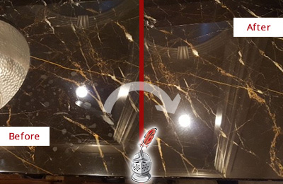 Before and After Picture of a Scituate Marble Countertop Cleaned to Remove Water Spots