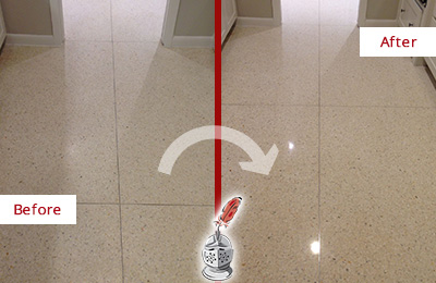 Sir Grout Seals this Medford Granite Floor for Stone Protection Before and After Picture of a Medford Granite Floor Sealed for Stone Protection