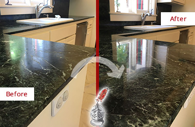 Sir Grout Seals the Stone of this Medford Granite Kitchen Countertop For Extra Protection Before and After Picture of a Medford Granite Kitchen Countertop Stone Sealed For Extra Protection