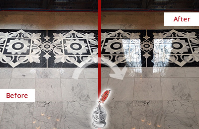 Sir Grout Seals the Stone of this Medford Marble Floor to Recover Its Sheen Before and After Picture of a Medford Marble Stone Sealed to Recover Its Sheen