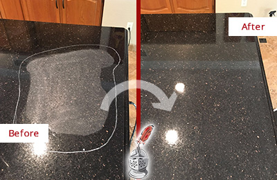 Sir Grout Hones this Acton Granite Kitchen Countertop to Eliminate Scratch Before and After Picture of a Acton Granite Kitchen Countertop Honed to Eliminate Scratch