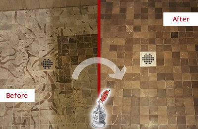 Sir Grout Hones this Acton Marble Shower to Remove Etching Before and After Picture of a Acton Marble Shower Honed to Remove Etching