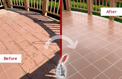 Before and After Picture of a Needham Hard Surface Restoration Service on a Tiled Deck
