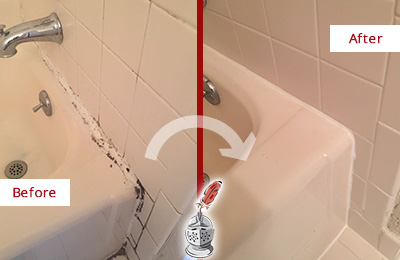Sir Grout Restored This Peabody Tile Shower to Repair Damaged Caulking Before and After Picture of a Peabody Hard Surface Restoration Service on a Tile Shower to Repair Damaged Caulking