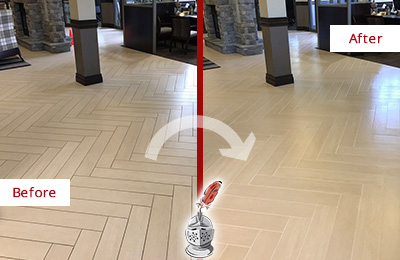 Sir Grout Restored This Peabody Office Lobby Tile Floor to Remove Embedded Dirt Before and After Picture of a Peabody Hard Surface Restoration Service on an Office Lobby Tile Floor to Remove Embedded Dirt