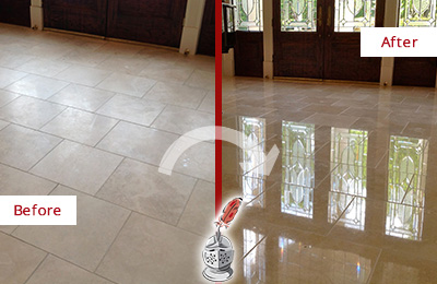 Sir Grout Restored This Peabody Dull Travertine Floor to Recover Its Splendor with a Stone Polishing Service Before and After Picture of a Peabody Hard Surface Restoration Service on a Dull Travertine Floor Polished to Recover Its Splendor