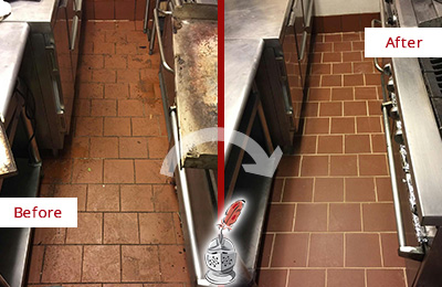 Before and After Picture of a Wellesley Hard Surface Restoration Service on a Restaurant Kitchen Floor to Eliminate Soil and Grease Build-Up