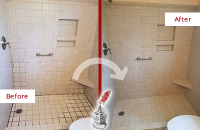 Before and After Picture of a Reading Shower Grout Cleaned to Remove Mold