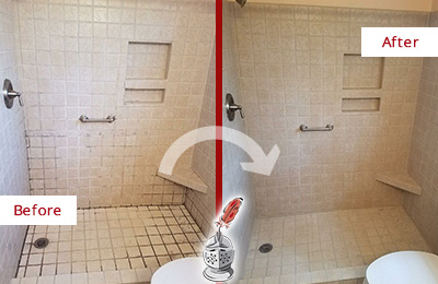 Sir Grout Cleans the Grout on this Medfield Moldy Shower Before and After Picture of a Medfield Shower Grout Cleaned to Remove Mold