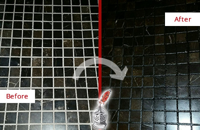 Sir Grout Recolored the Grout of this Braintree Black Tile Floor Before and After Picture of a Braintree Black Floor with Recolored Grout