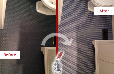 Sir Grout Recolors the Grout on this Braintree Blue Tile Floor Before and After Picture of a Braintree Blue Tile Floor Recolored Grout