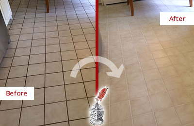 Sir Grout Recolors this Braintree Kitchen Tile Floor's Grout Before and After Picture of a Braintree Kitchen Tile Floor with Recolored Grout