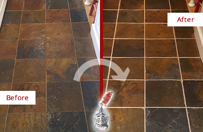 Sir Grout Recolors the Grout of this Braintree Slate Floor Before and After Picture of a Braintree Slate Floor Recolored Grout