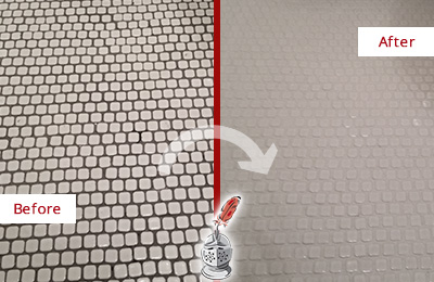 Sir Grout Recolors the Grout of this Braintree White Mosaic Tile Before and After Picture of a Braintree White Mosaic Tile Recolored Grout
