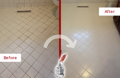 Before and After Picture of a Sheldonville White Bathroom Floor Grout Sealed for Extra Protection